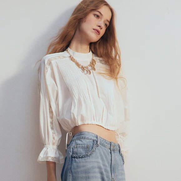 NWT H&M Lace-Inset Cotton Blouse - Picture 3 of 5